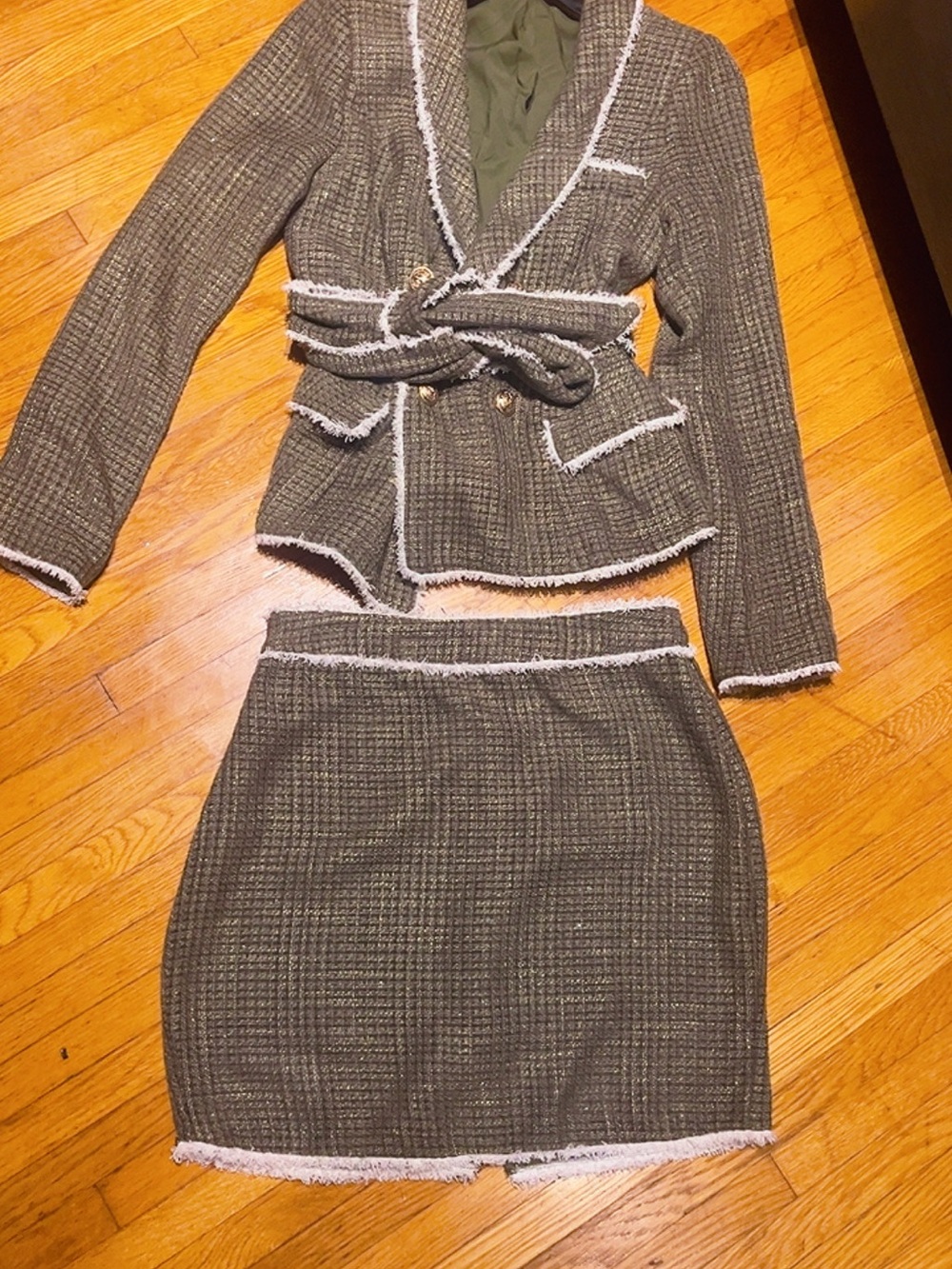 Olive Green Tweed Blazer and Skirt set NEW